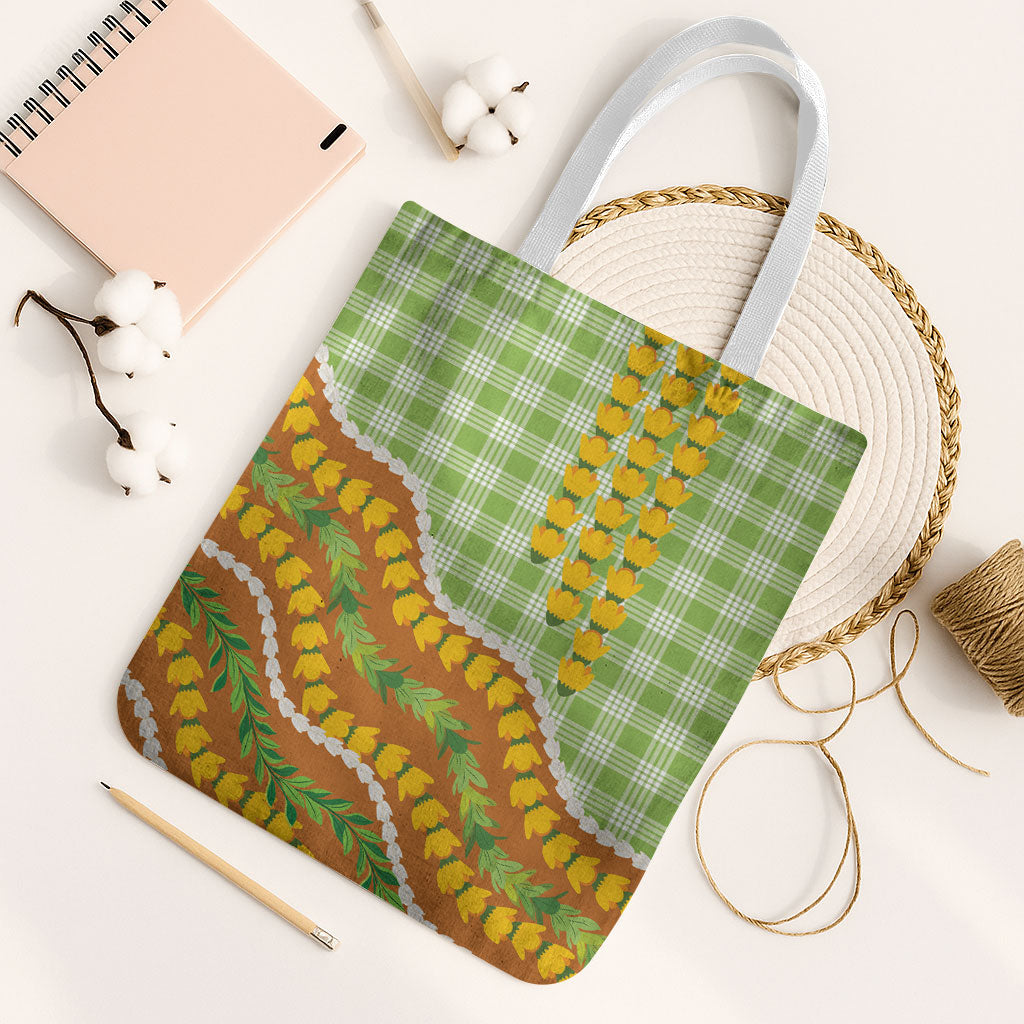 Hawaii Leis Palaka Motifs Tote Bag Pikake Pakalana Maile Ilima Kakau Style LT14 White Strap One Size Multicolor - Polynesian Pride