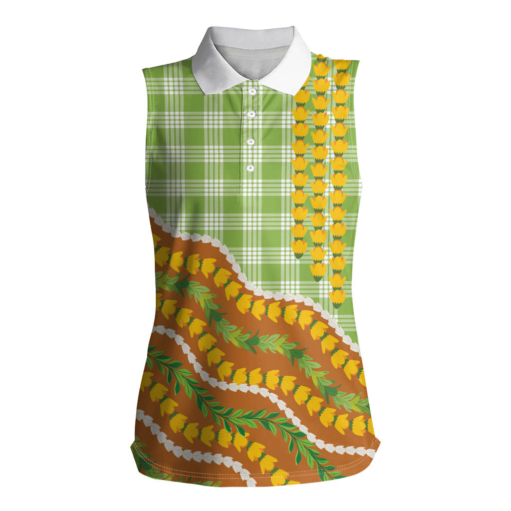 Hawaii Leis Palaka Motifs Women Sleeveless Polo Shirt Pikake Pakalana Maile Ilima Kakau Style LT14 Female Multicolor - Polynesian Pride