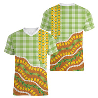 Hawaii Leis Palaka Motifs Women V-Neck T-Shirt Pikake Pakalana Maile Ilima Kakau Style LT14 - Polynesian Pride