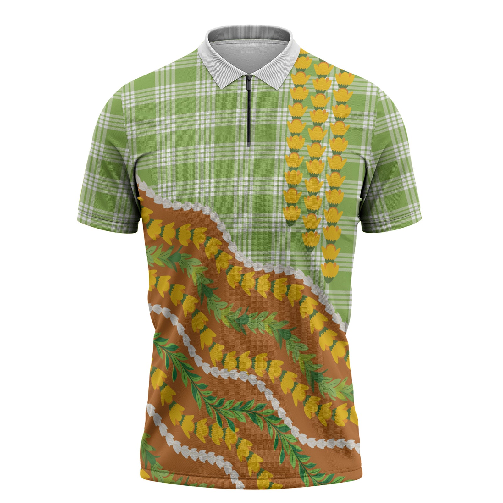 Hawaii Leis Palaka Motifs Zipper Polo Shirt Pikake Pakalana Maile Ilima Kakau Style LT14 Multicolor - Polynesian Pride