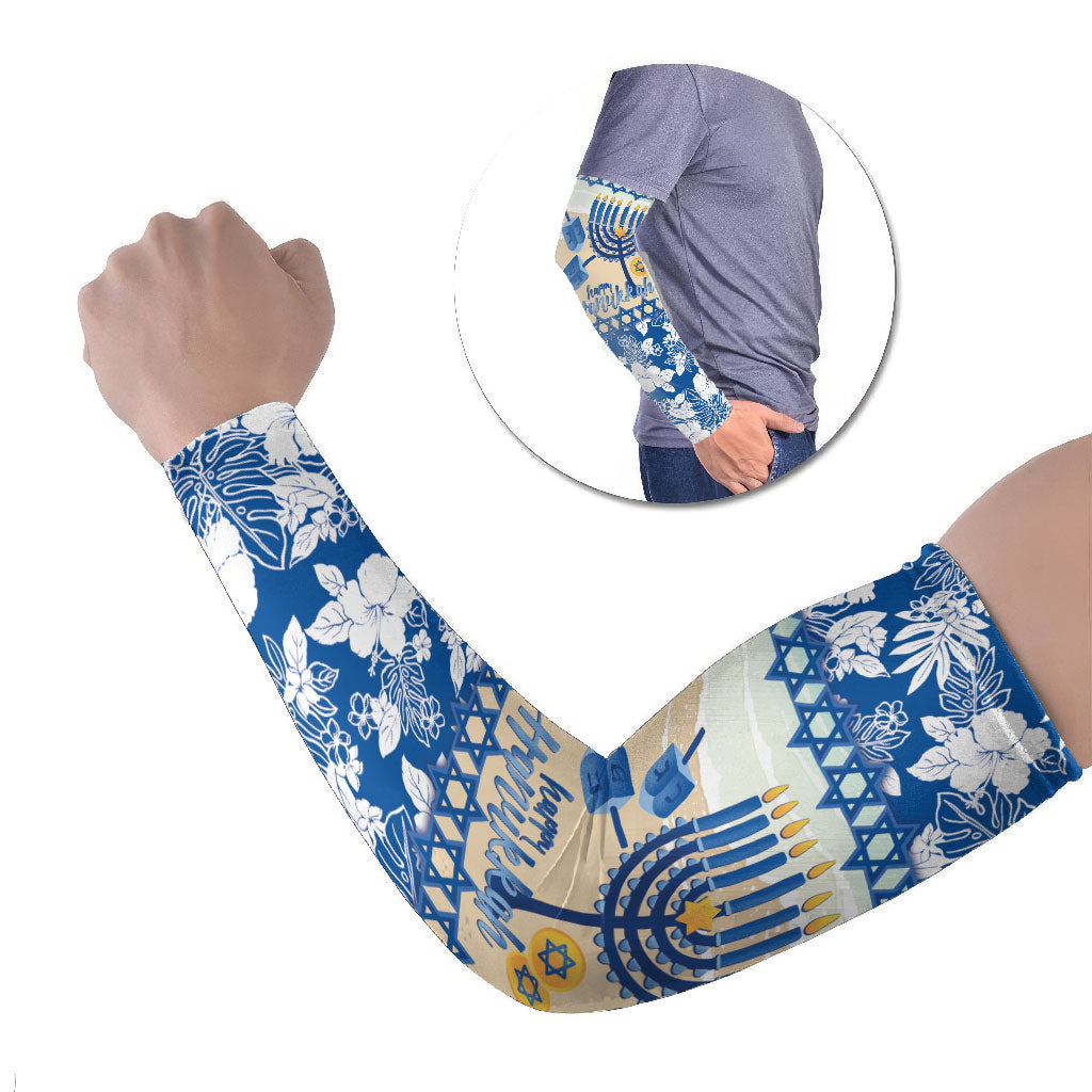 Chanukah Jewish Hawaii Arm Sleeves Festival of Lights Hanukkah Menorah Tropical Flowers LT14 Set of 2 Blue - Polynesian Pride