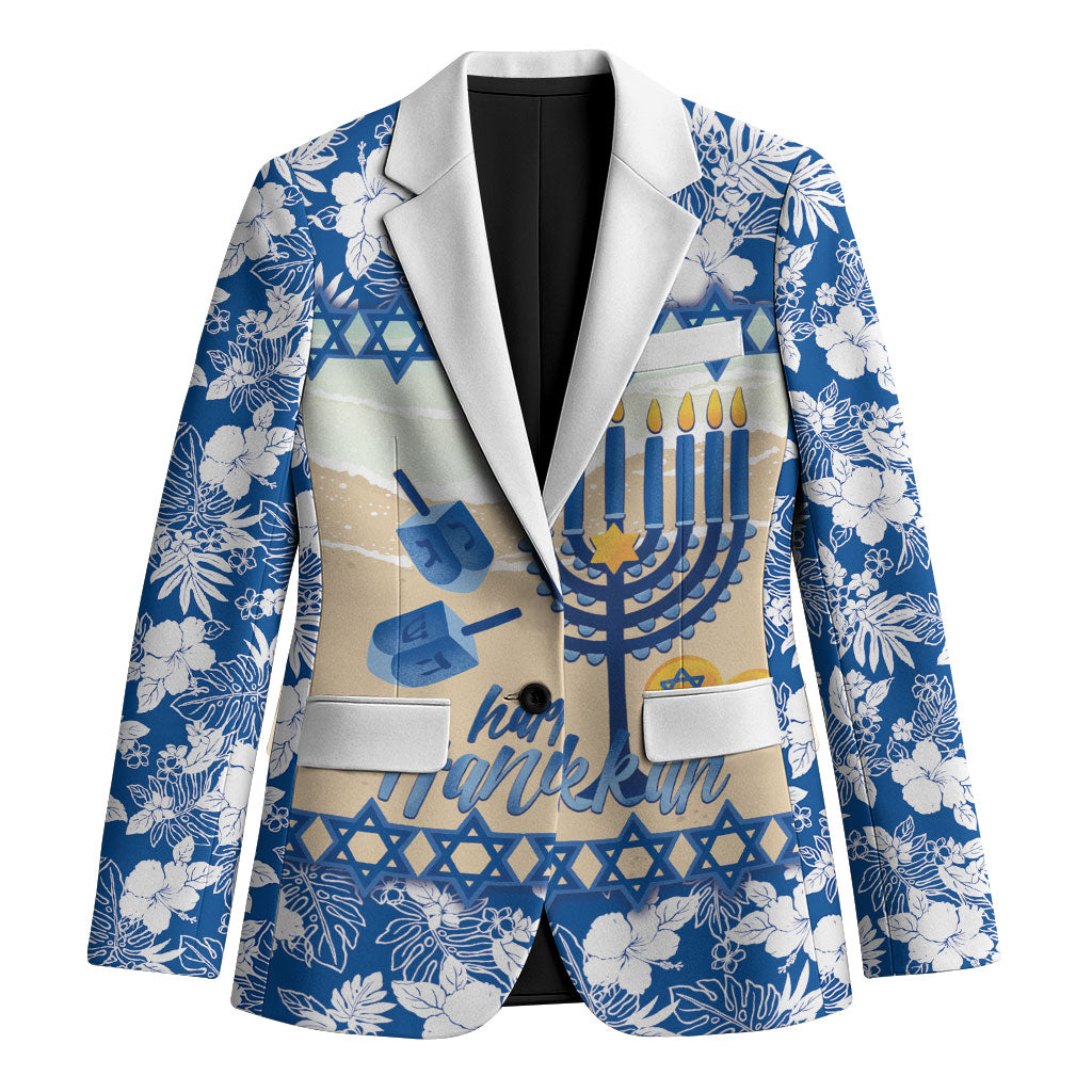 Chanukah Jewish Hawaii Blazer Festival of Lights Hanukkah Menorah Tropical Flowers LT14 Unisex Blue - Polynesian Pride