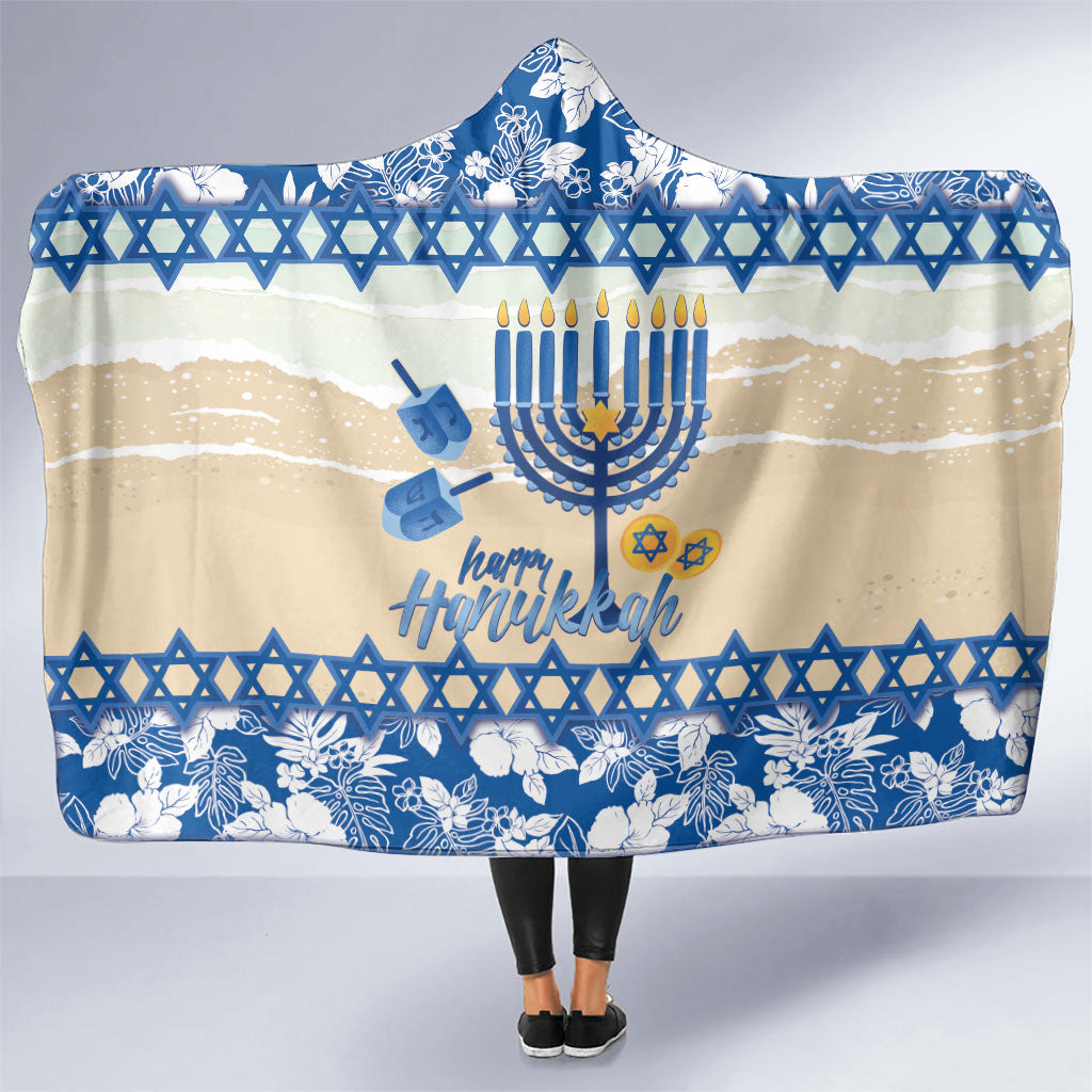 Chanukah Jewish Hawaii Hooded Blanket Festival of Lights Hanukkah Menorah Tropical Flowers LT14 One Size Blue - Polynesian Pride