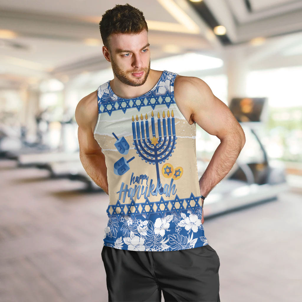 Chanukah Jewish Hawaii Men Tank Top Festival of Lights Hanukkah Menorah Tropical Flowers LT14 Blue - Polynesian Pride