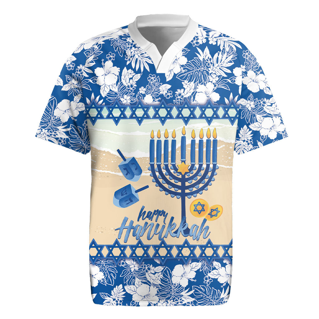 Chanukah Jewish Hawaii Rugby Jersey Festival of Lights Hanukkah Menorah Tropical Flowers LT14 Blue - Polynesian Pride