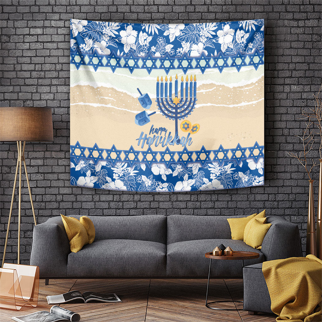 Chanukah Jewish Hawaii Tapestry Festival of Lights Hanukkah Menorah Tropical Flowers LT14 Blue - Polynesian Pride