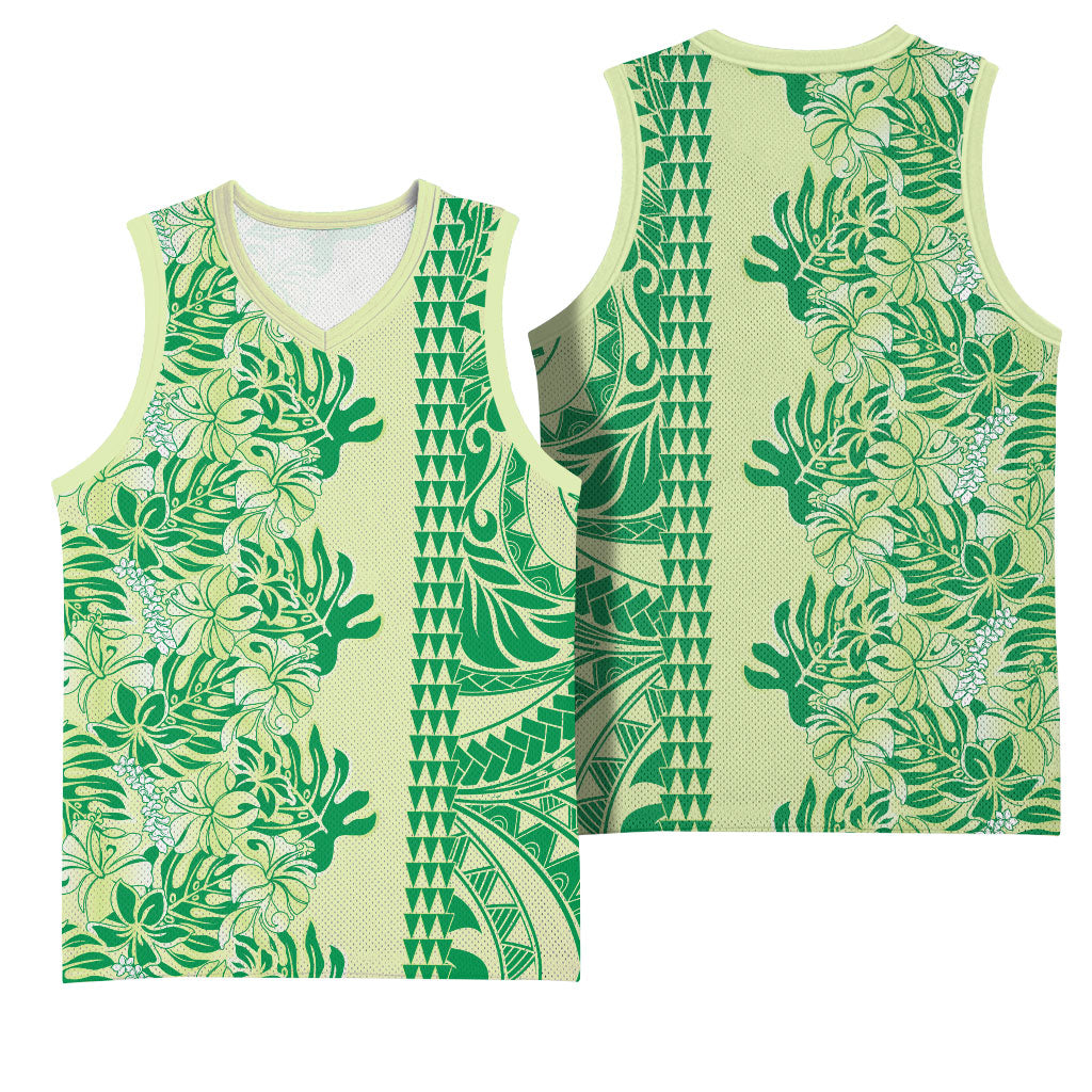 Lime Green Hibiscus Monstera Seamless Kakau Hawaii Basketball Jersey LT14 - Polynesian Pride