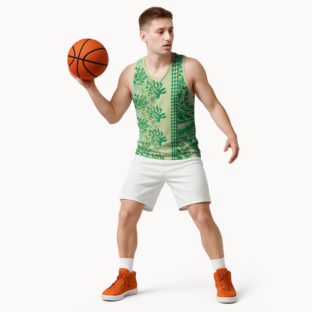 Lime Green Hibiscus Monstera Seamless Kakau Hawaii Basketball Jersey LT14 - Polynesian Pride