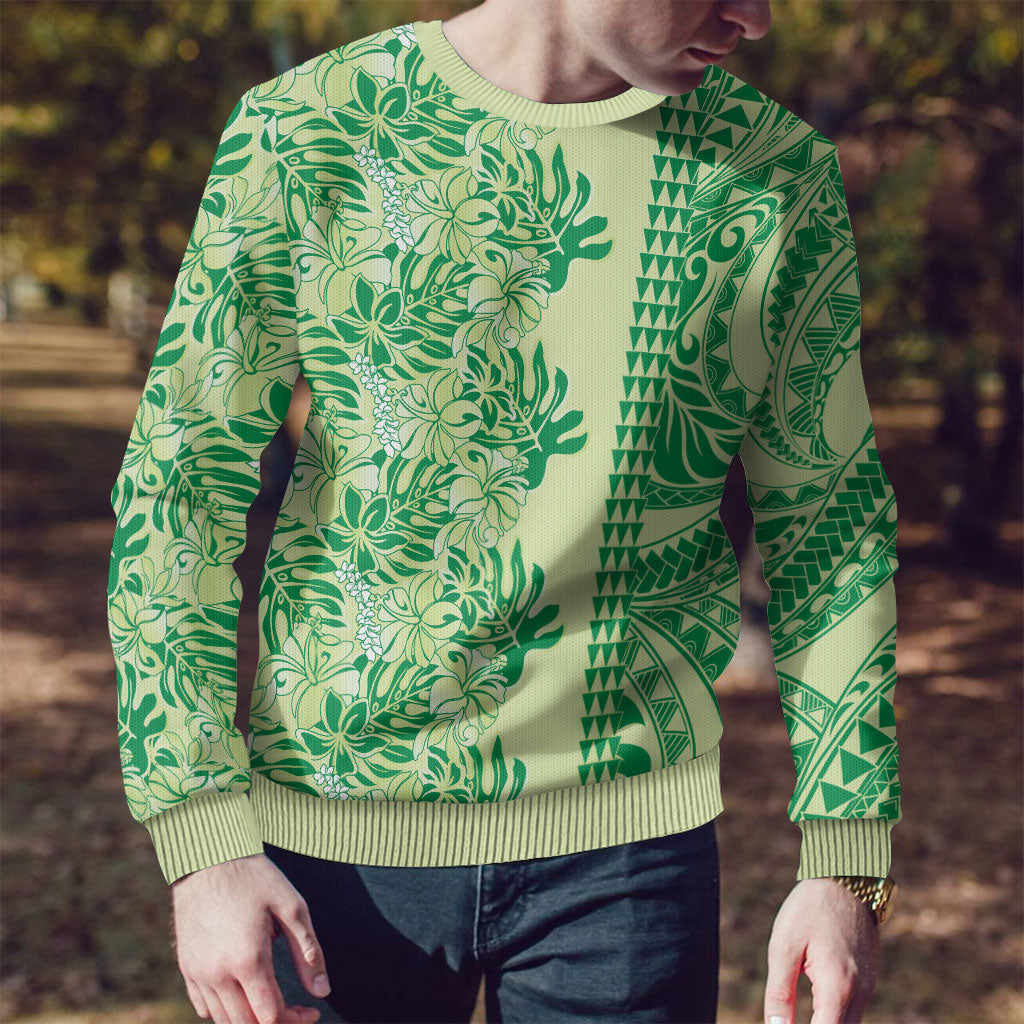 Lime Green Hibiscus Monstera Seamless Kakau Hawaii Ugly Christmas Sweater LT14 - Polynesian Pride