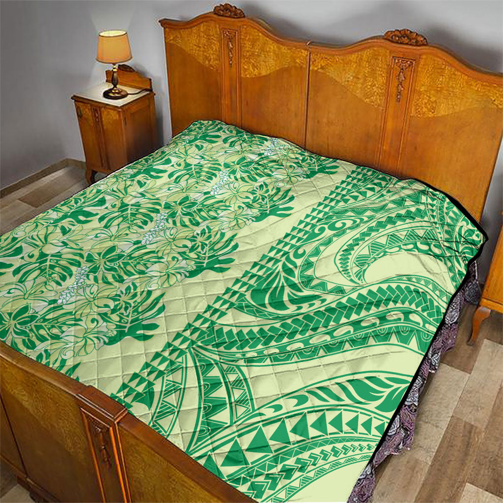 Lime Green Hibiscus Monstera Seamless Kakau Hawaii Quilt LT14 - Polynesian Pride