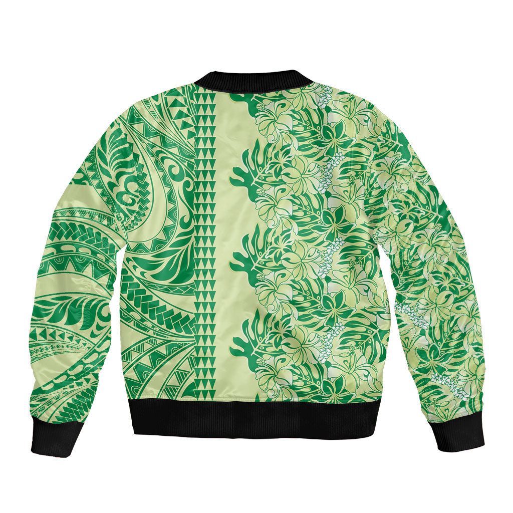 Lime Green Hibiscus Monstera Seamless Kakau Hawaii Sleeve Zip Bomber Jacket LT14 - Polynesian Pride