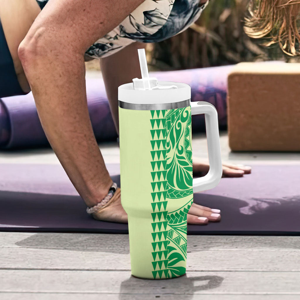 Lime Green Hibiscus Monstera Seamless Kakau Hawaii Tumbler With Handle LT14 - Polynesian Pride