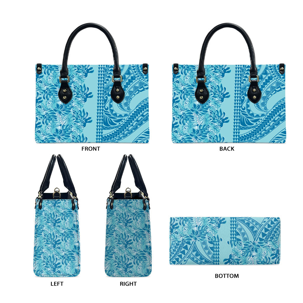 Cyan Hibiscus Monstera Seamless Kakau Hawaii Leather Bag LT14 - Polynesian Pride