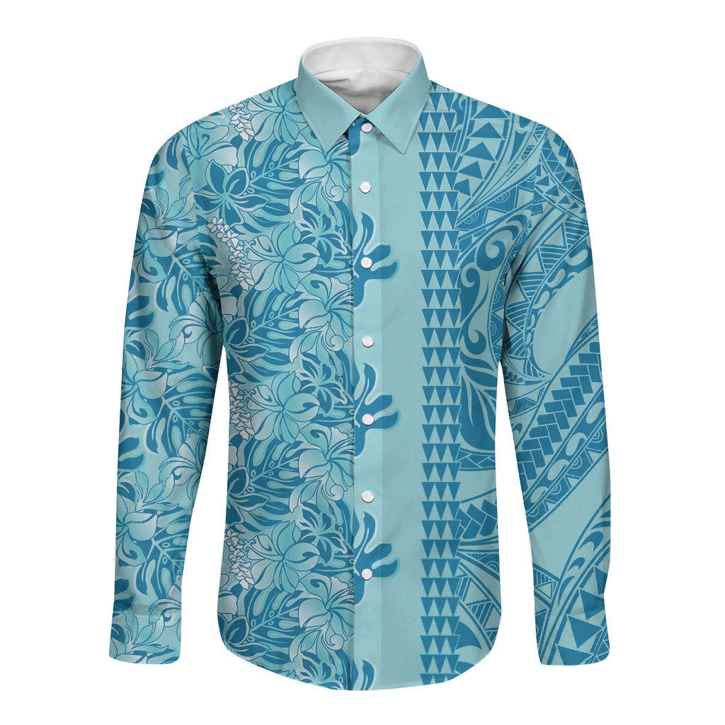 Cyan Hibiscus Monstera Seamless Kakau Hawaii Long Sleeve Button Shirt LT14 Unisex Cyan - Polynesian Pride