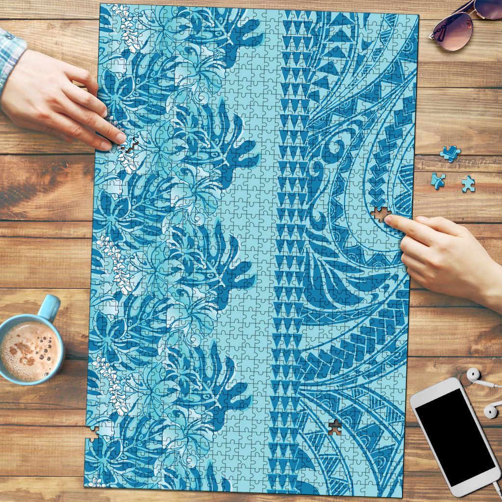 Cyan Hibiscus Monstera Seamless Kakau Hawaii Puzzle LT14 Cyan - Polynesian Pride