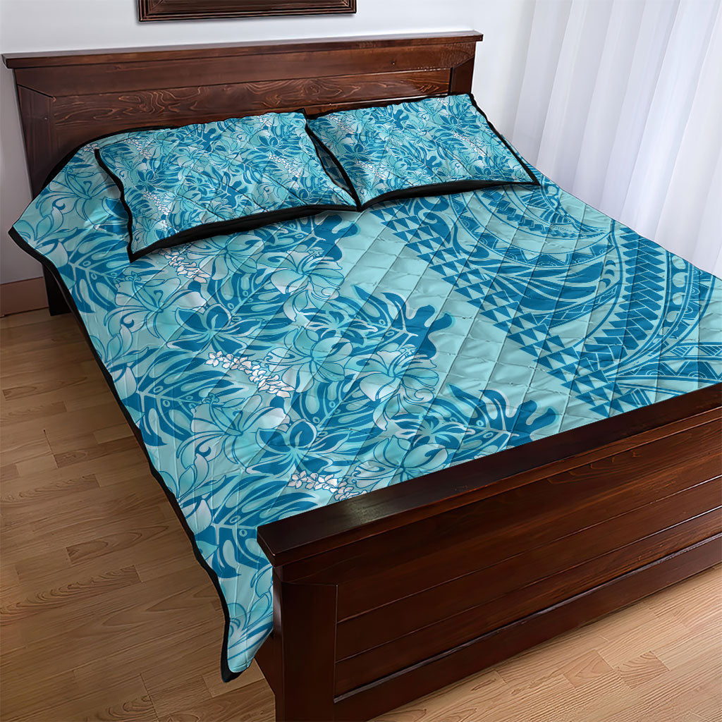 Cyan Hibiscus Monstera Seamless Kakau Hawaii Quilt Bed Set LT14 - Polynesian Pride