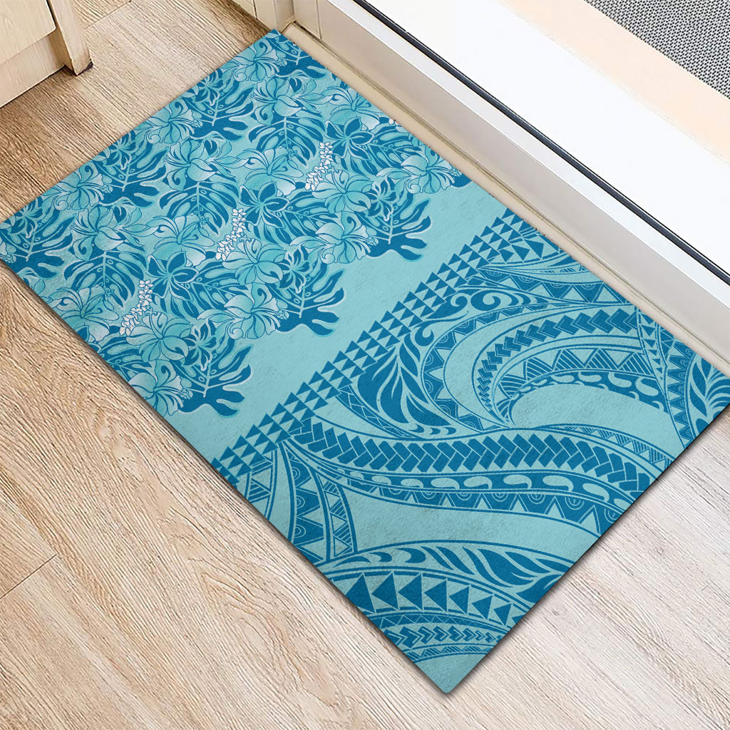 Cyan Hibiscus Monstera Seamless Kakau Hawaii Rubber Doormat LT14 - Polynesian Pride
