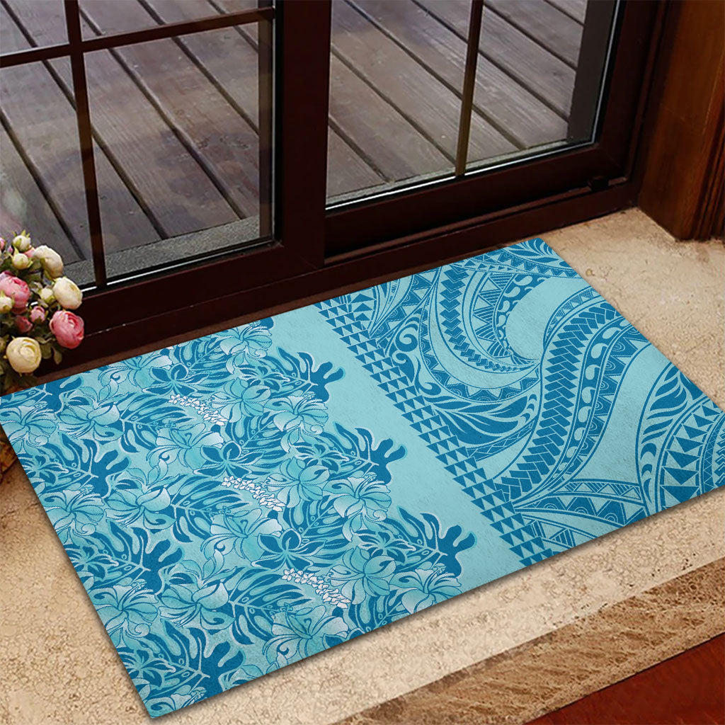 Cyan Hibiscus Monstera Seamless Kakau Hawaii Rubber Doormat LT14 - Polynesian Pride