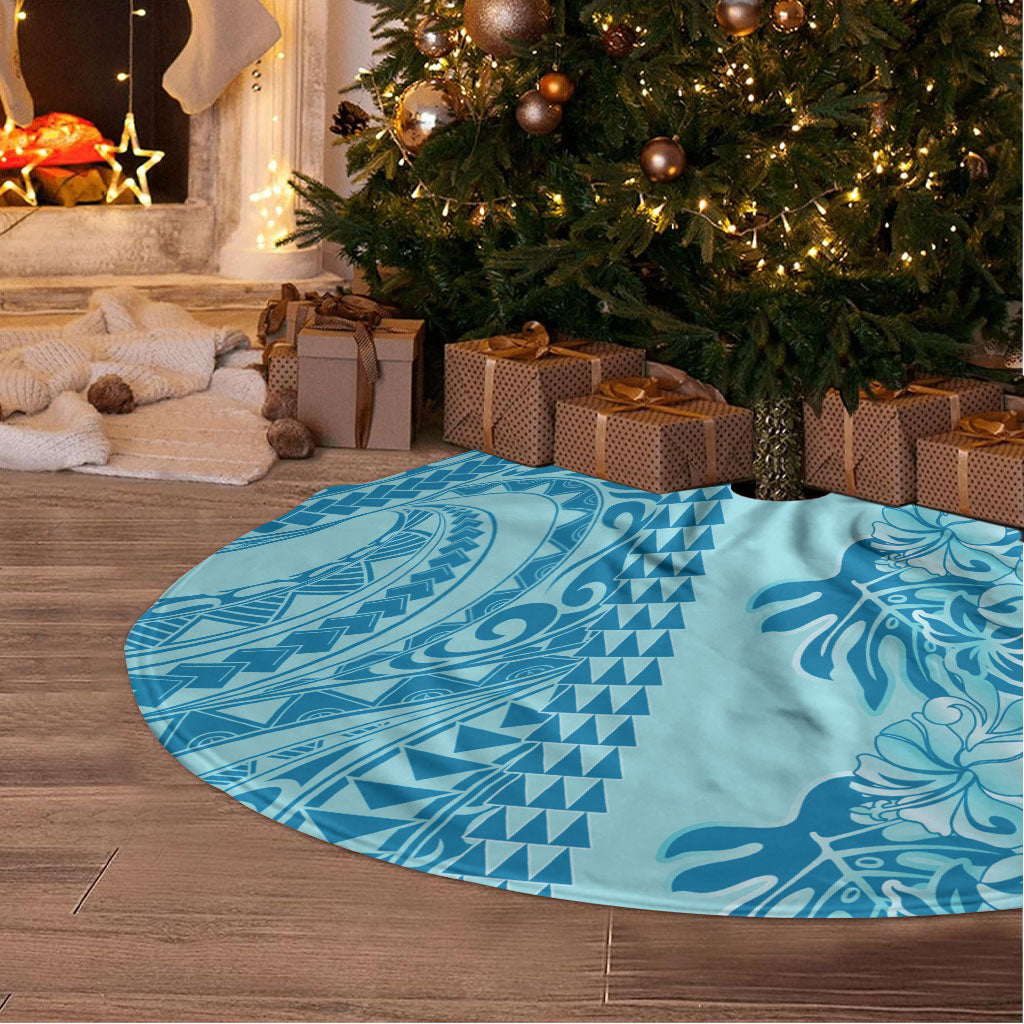 Cyan Hibiscus Monstera Seamless Kakau Hawaii Tree Skirt LT14 - Polynesian Pride