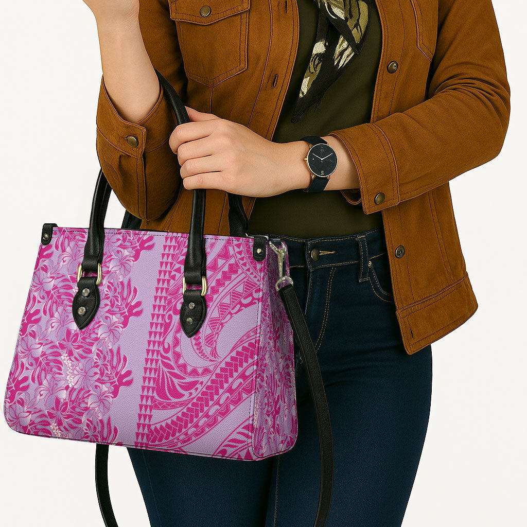 Purple Hibiscus Monstera Seamless Kakau Hawaii Leather Bag LT14 - Polynesian Pride