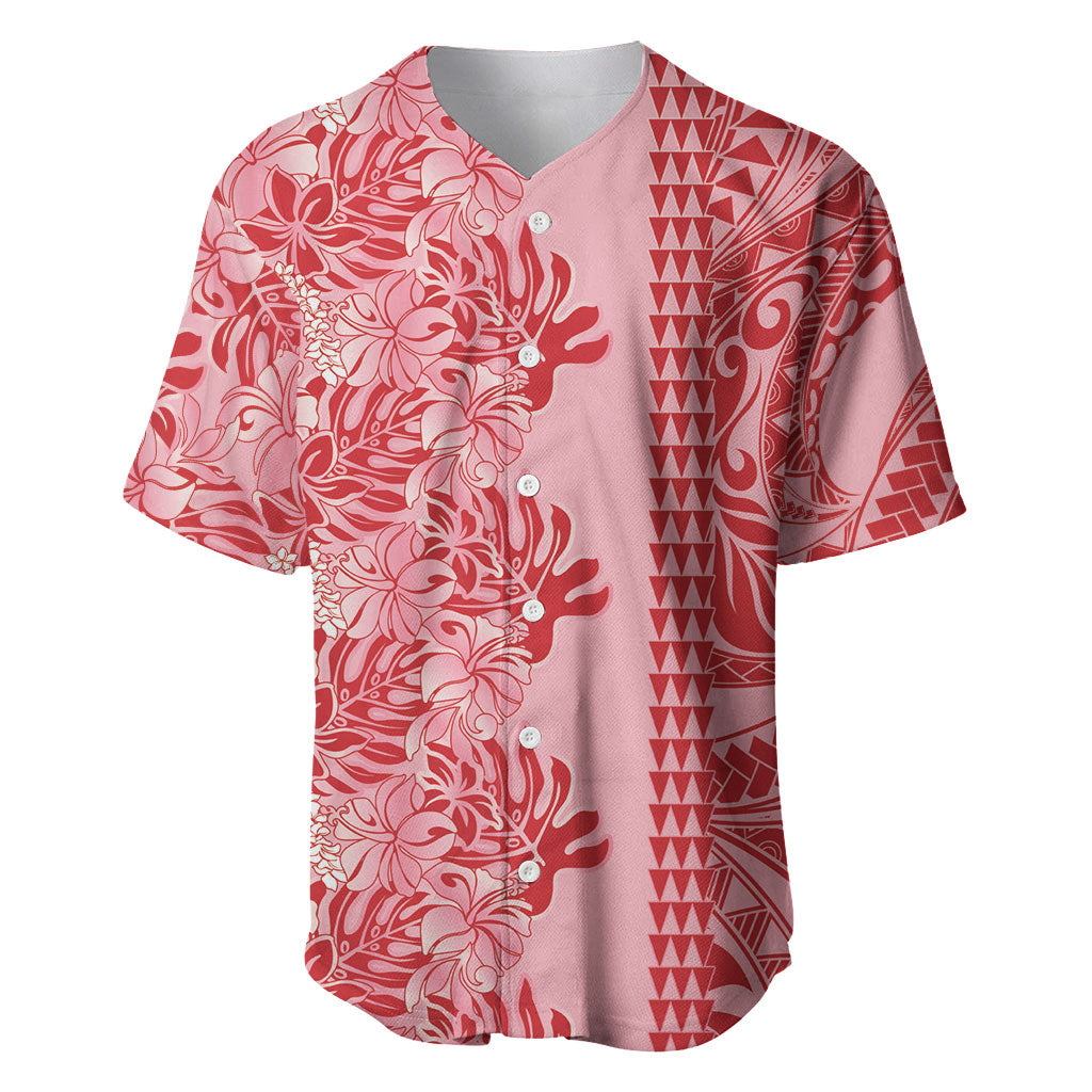 Red Hibiscus Monstera Seamless Kakau Hawaii Baseball Jersey