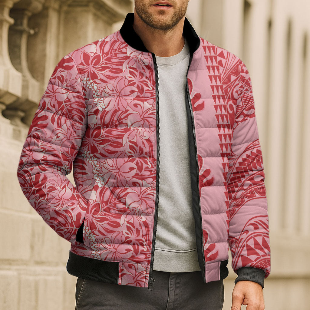 Red Hibiscus Monstera Seamless Kakau Hawaii Bomber Puffer Jacket LT14 - Polynesian Pride