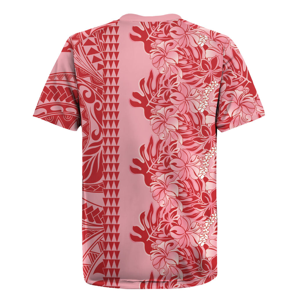 Red Hibiscus Monstera Seamless Kakau Hawaii Rugby Jersey LT14 - Polynesian Pride