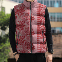 Red Hibiscus Monstera Seamless Kakau Hawaii Sleeveless Puffer Jacket LT14 - Polynesian Pride