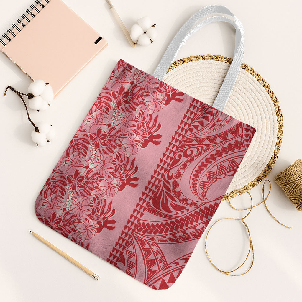 Red Hibiscus Monstera Seamless Kakau Hawaii Tote Bag LT14 White Strap One Size Red - Polynesian Pride