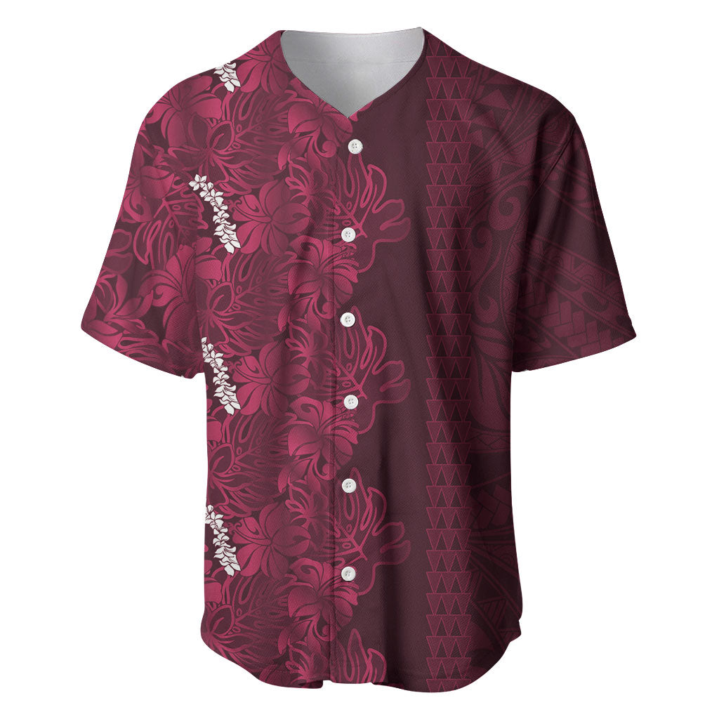 Burgundy Hibiscus Monstera Seamless Kakau Hawaii Baseball Jersey