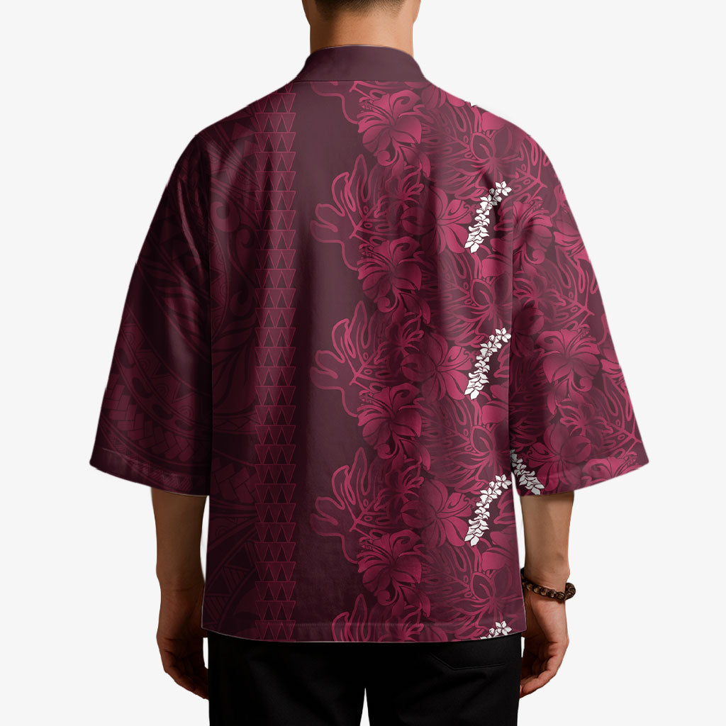 Burgundy Hibiscus Monstera Seamless Kakau Hawaii Kimono LT14 - Polynesian Pride