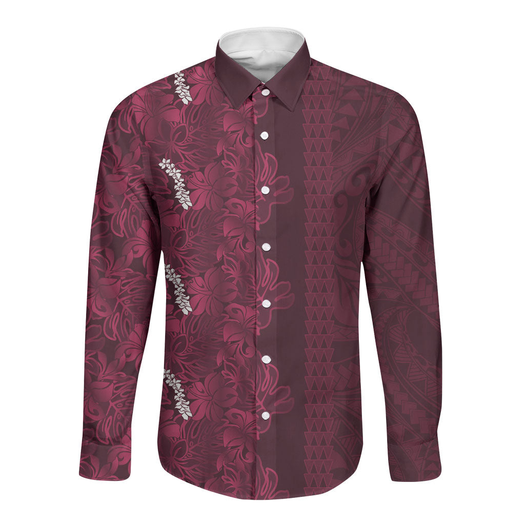 Burgundy Hibiscus Monstera Seamless Kakau Hawaii Long Sleeve Button Shirt LT14 Unisex Burgundy - Polynesian Pride