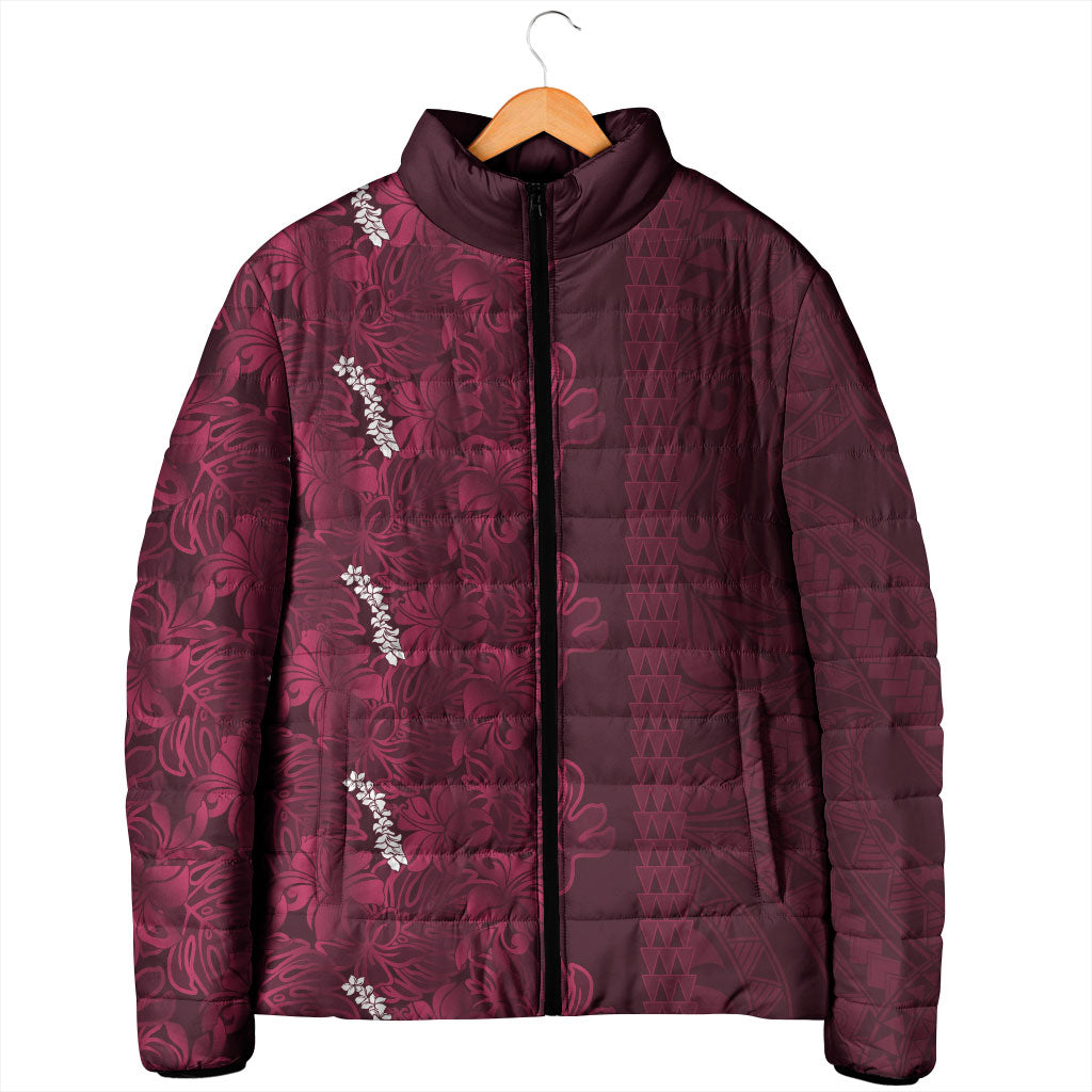 Burgundy Hibiscus Monstera Seamless Kakau Hawaii Padded Jacket LT14 - Polynesian Pride