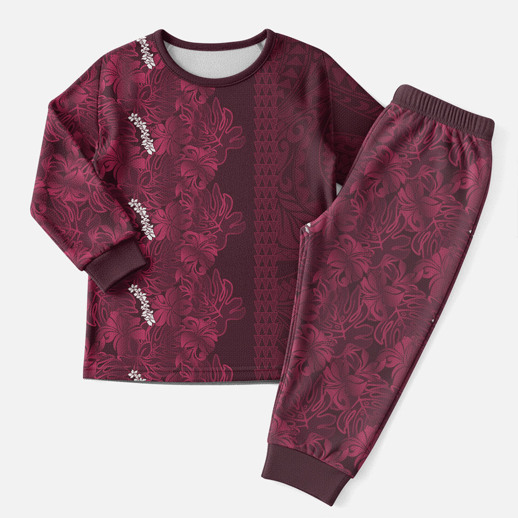 Burgundy Hibiscus Monstera Seamless Kakau Hawaii Christmas Pajama Set LT14 Men Burgundy - Polynesian Pride