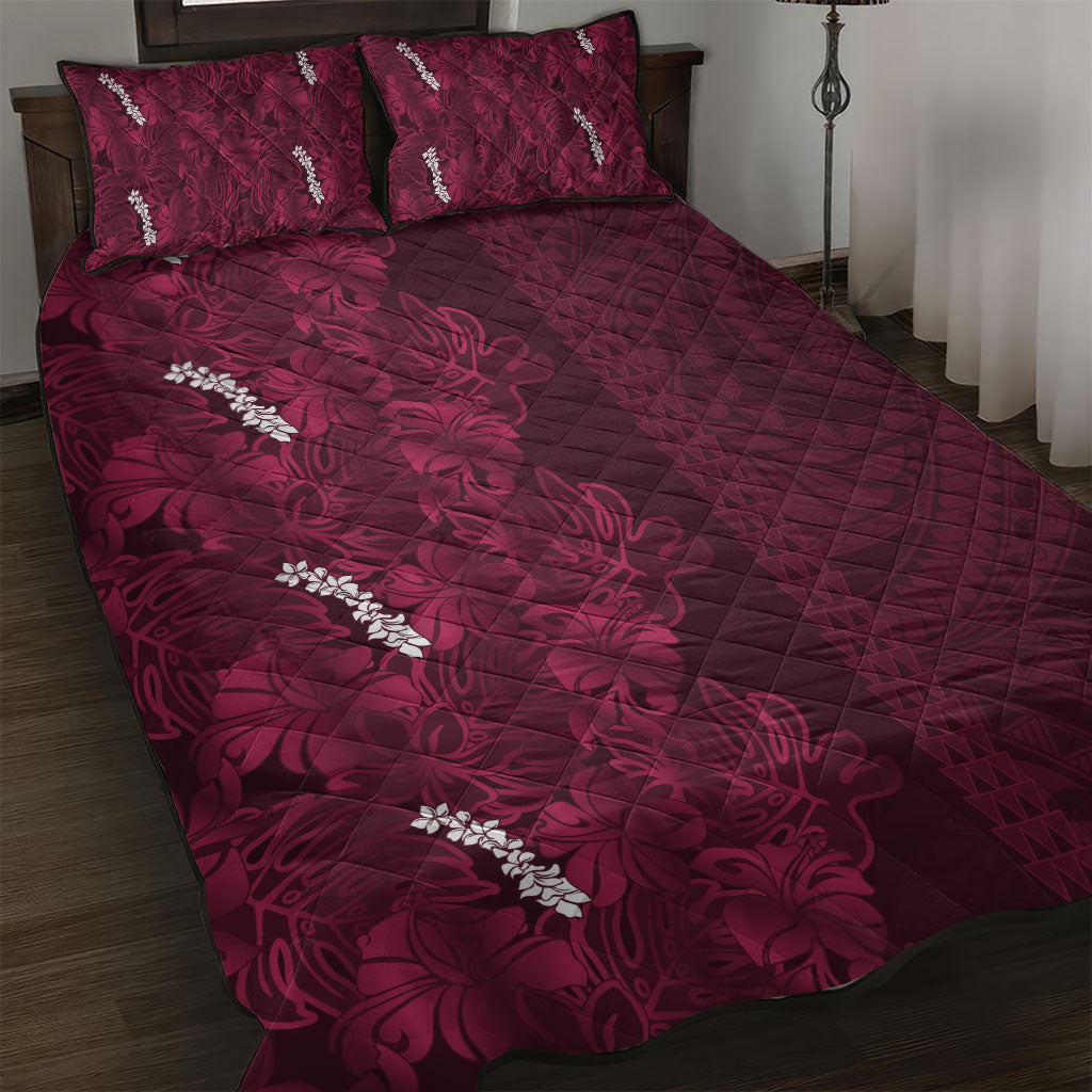 Burgundy Hibiscus Monstera Seamless Kakau Hawaii Quilt Bed Set LT14 Burgundy - Polynesian Pride