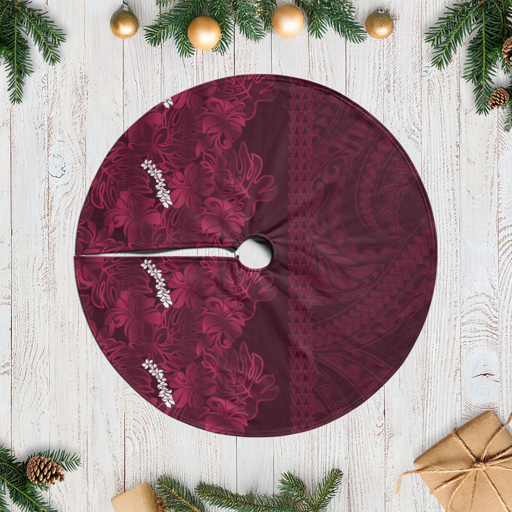 Burgundy Hibiscus Monstera Seamless Kakau Hawaii Tree Skirt LT14 Casual Burgundy - Polynesian Pride