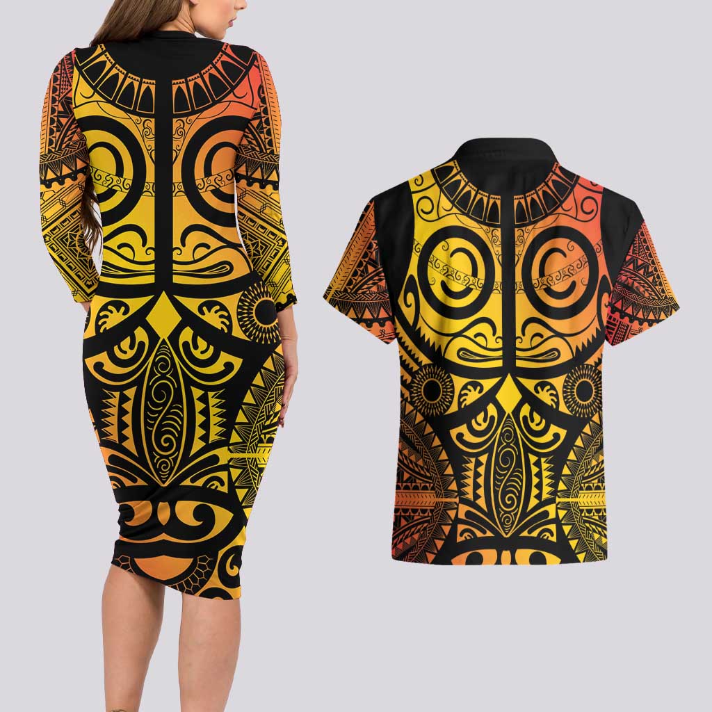 Marquesas Islands Couples Matching Long Sleeve Bodycon Dress and Hawaiian Shirt Marquesan Tattoo Yellow Gradient - Polynesian Pride