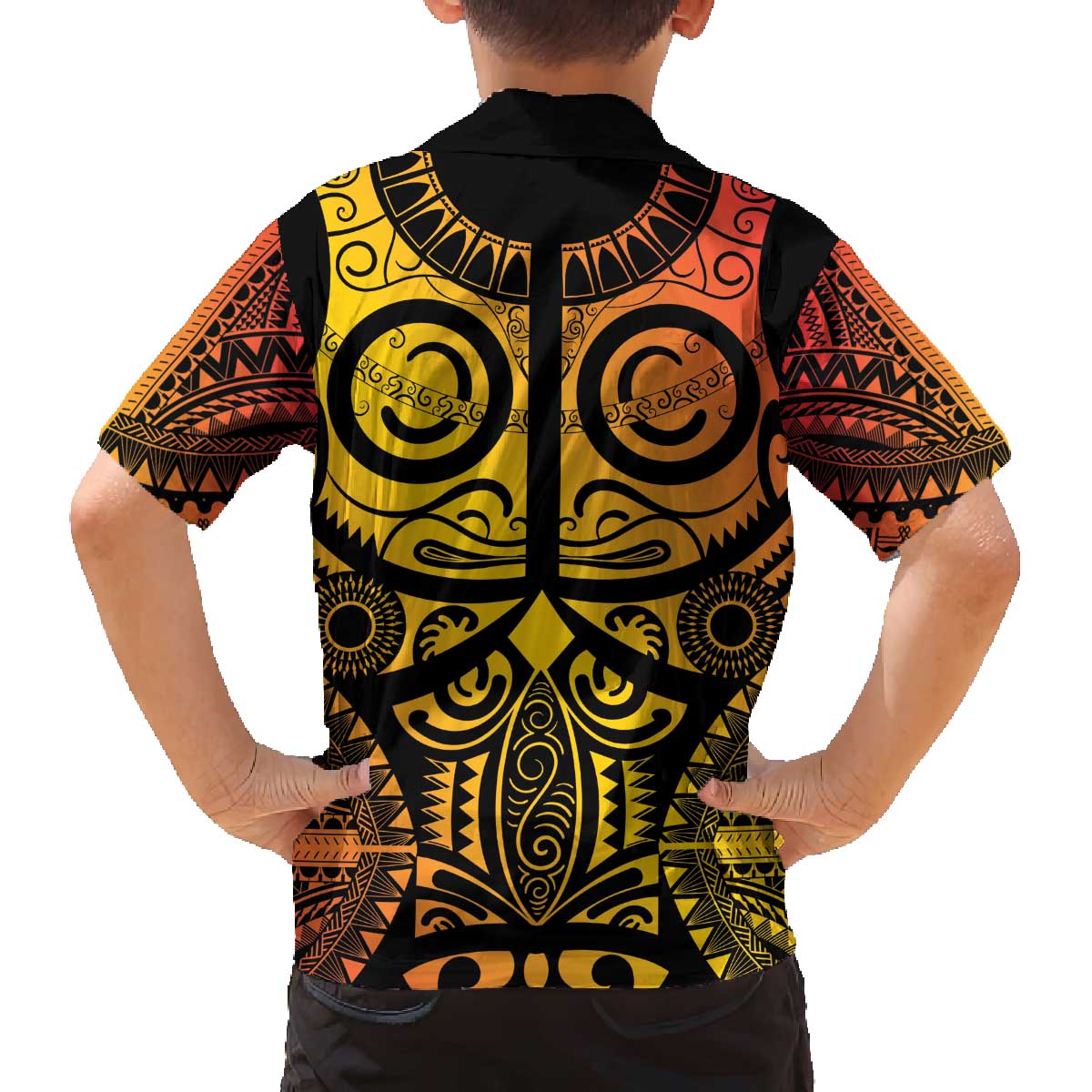Marquesas Islands Family Matching Off The Shoulder Long Sleeve Dress and Hawaiian Shirt Marquesan Tattoo Yellow Gradient LT14 - Polynesian Pride