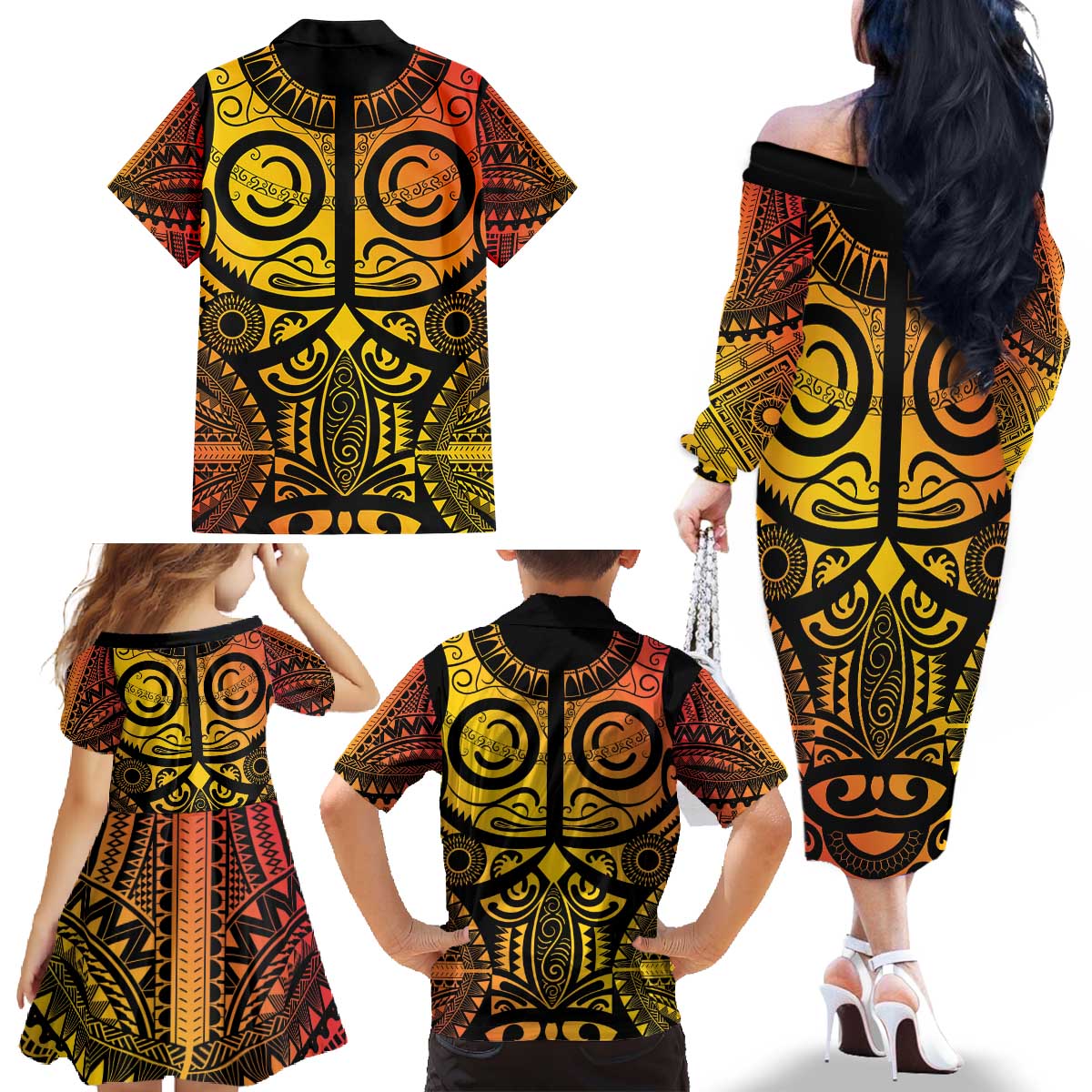 Marquesas Islands Family Matching Off The Shoulder Long Sleeve Dress and Hawaiian Shirt Marquesan Tattoo Yellow Gradient LT14 - Polynesian Pride