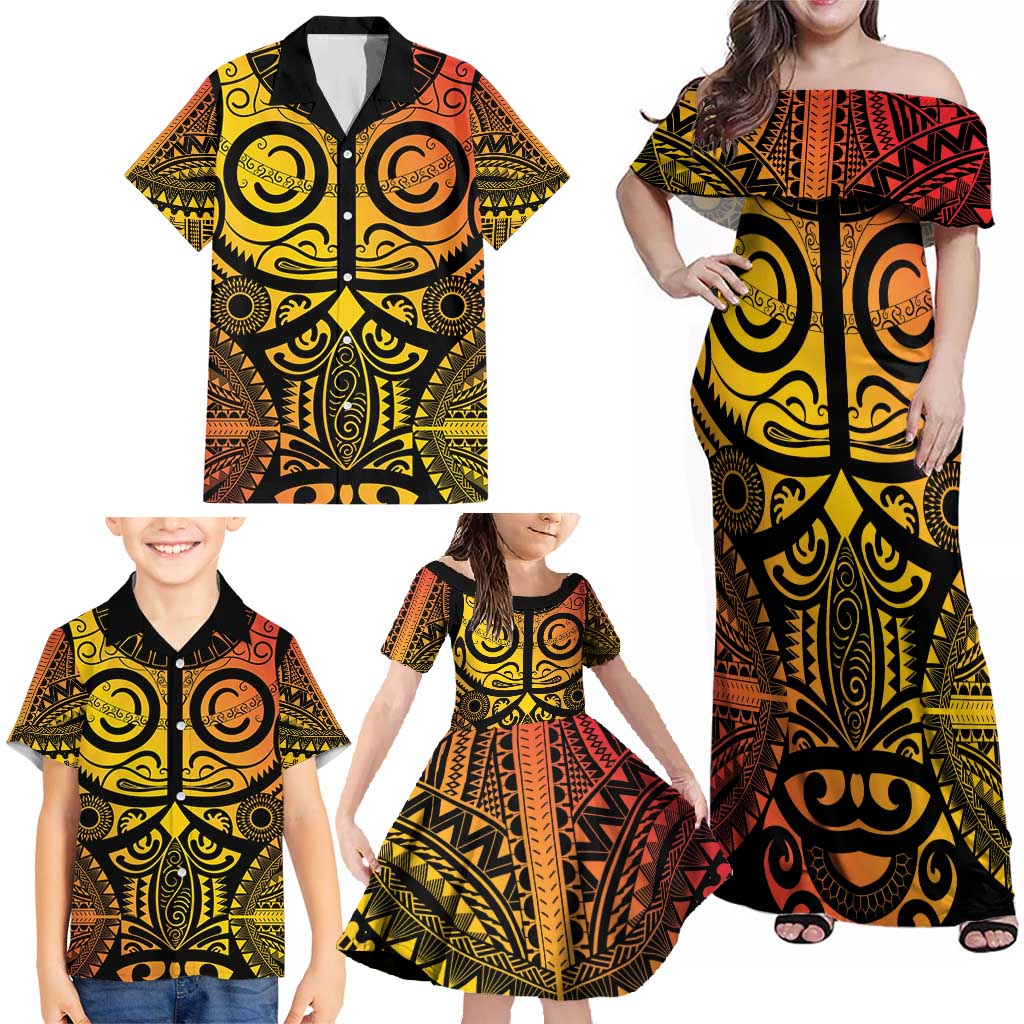 Marquesas Islands Family Matching Off Shoulder Maxi Dress and Hawaiian Shirt Marquesan Tattoo Yellow Gradient LT14 - Polynesian Pride