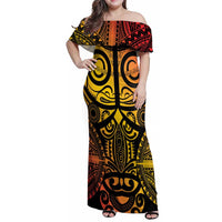 Marquesas Islands Family Matching Off Shoulder Maxi Dress and Hawaiian Shirt Marquesan Tattoo Yellow Gradient LT14 Mom's Dress Yellow - Polynesian Pride