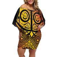 Marquesas Islands Family Matching Off Shoulder Short Dress and Hawaiian Shirt Marquesan Tattoo Yellow Gradient - Polynesian Pride
