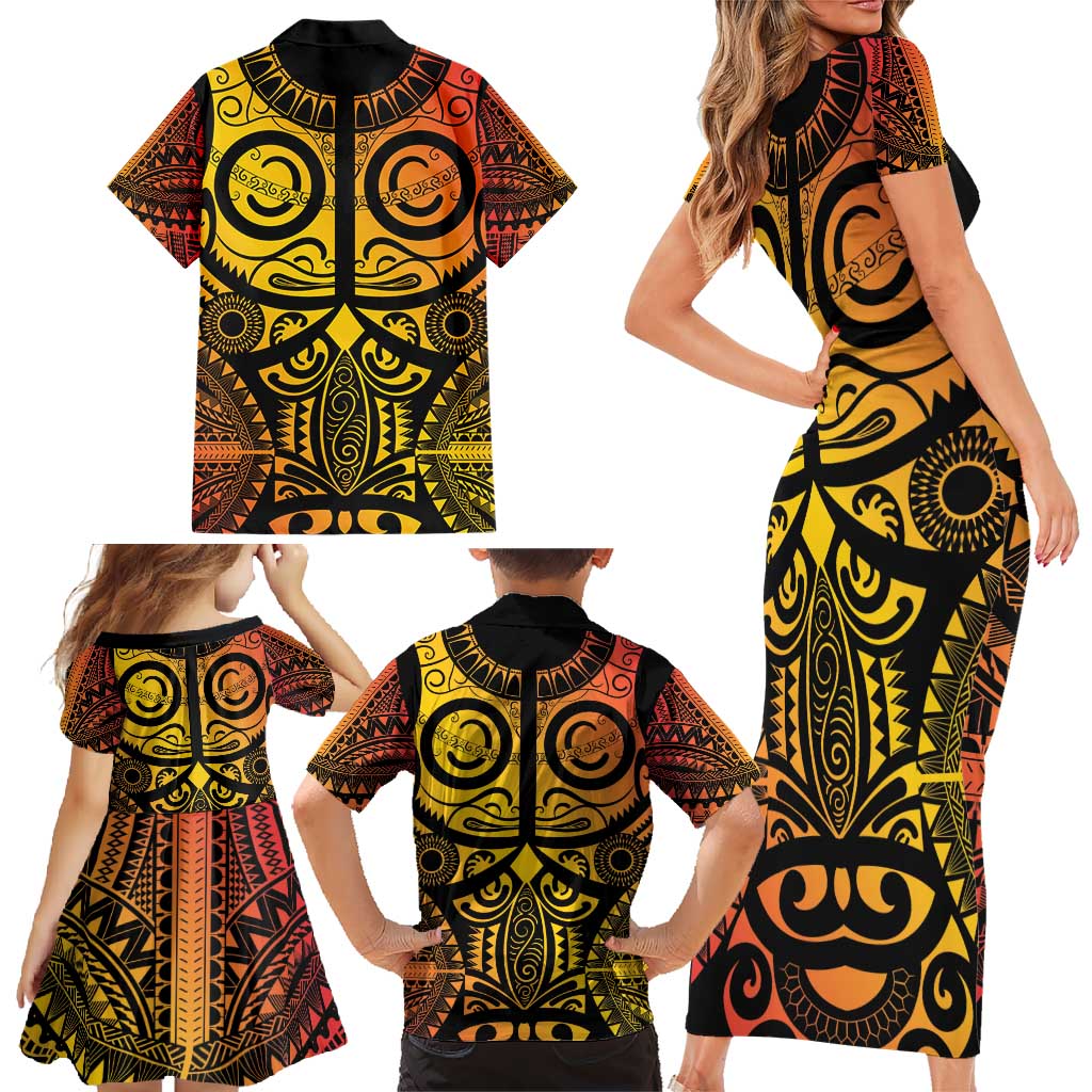 Marquesas Islands Family Matching Short Sleeve Bodycon Dress and Hawaiian Shirt Marquesan Tattoo Yellow Gradient LT14 - Polynesian Pride