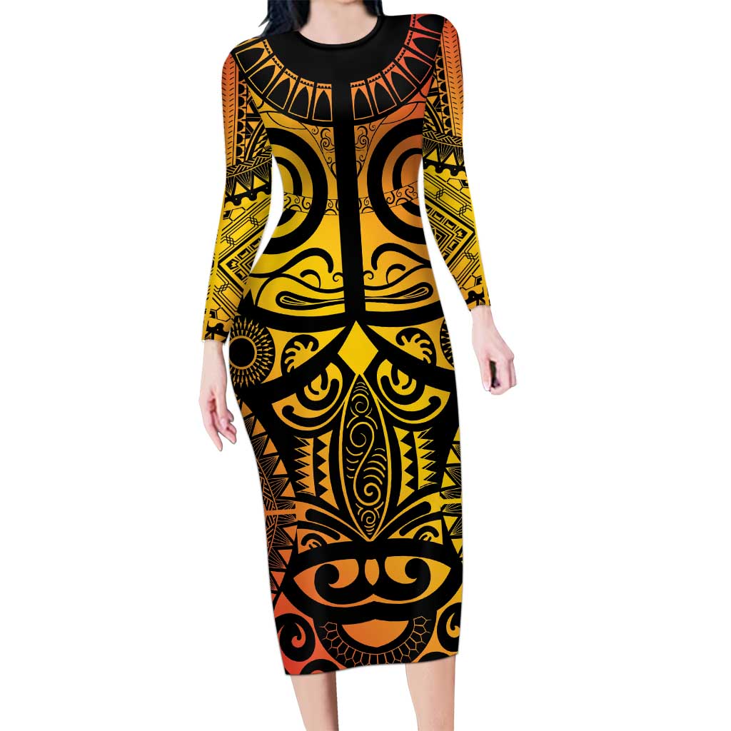 Marquesas Islands Long Sleeve Bodycon Dress Marquesan Tattoo Yellow Gradient LT14 Long Dress Yellow - Polynesian Pride