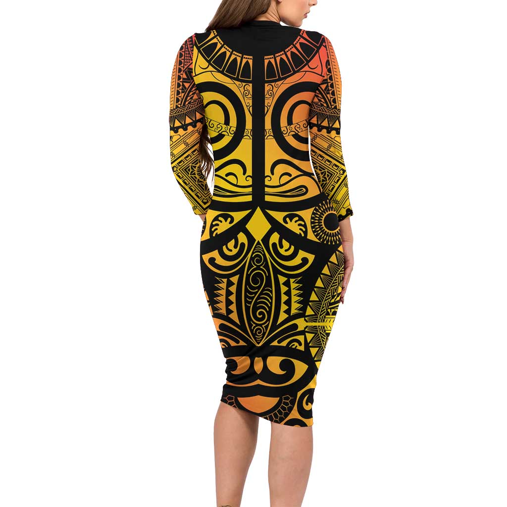 Marquesas Islands Long Sleeve Bodycon Dress Marquesan Tattoo Yellow Gradient LT14 - Polynesian Pride