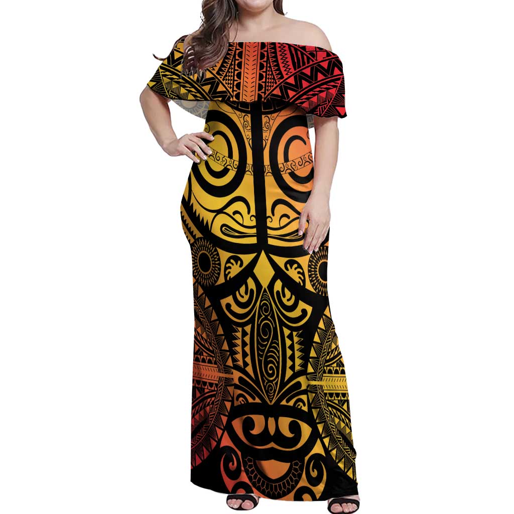 Marquesas Islands Off Shoulder Maxi Dress Marquesan Tattoo Yellow Gradient - Polynesian Pride