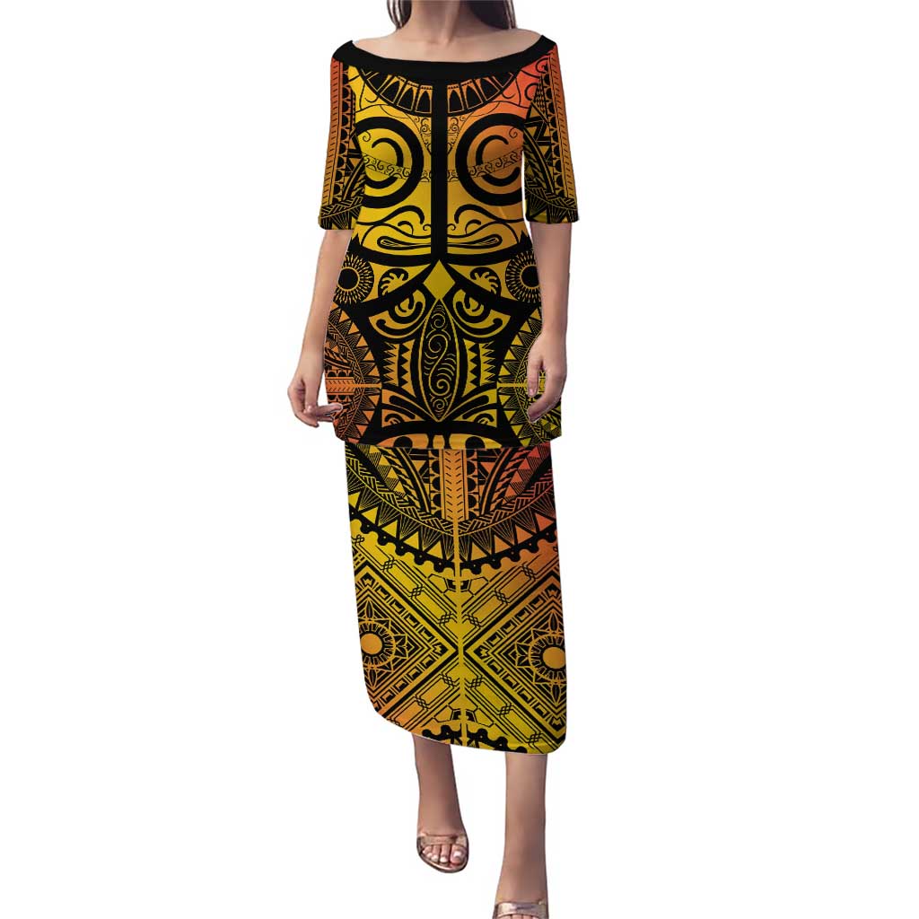 Marquesas Islands Puletasi Marquesan Tattoo Yellow Gradient LT14 Long Dress Yellow - Polynesian Pride
