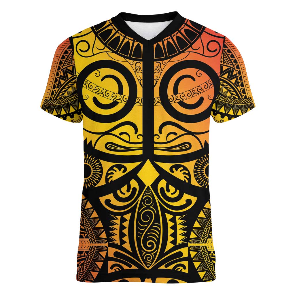 Marquesas Islands Women V-Neck T-Shirt Marquesan Tattoo Yellow Gradient - Polynesian Pride