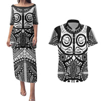 Marquesas Islands Couples Matching Puletasi and Hawaiian Shirt Marquesan Tattoo Black White Color - Polynesian Pride