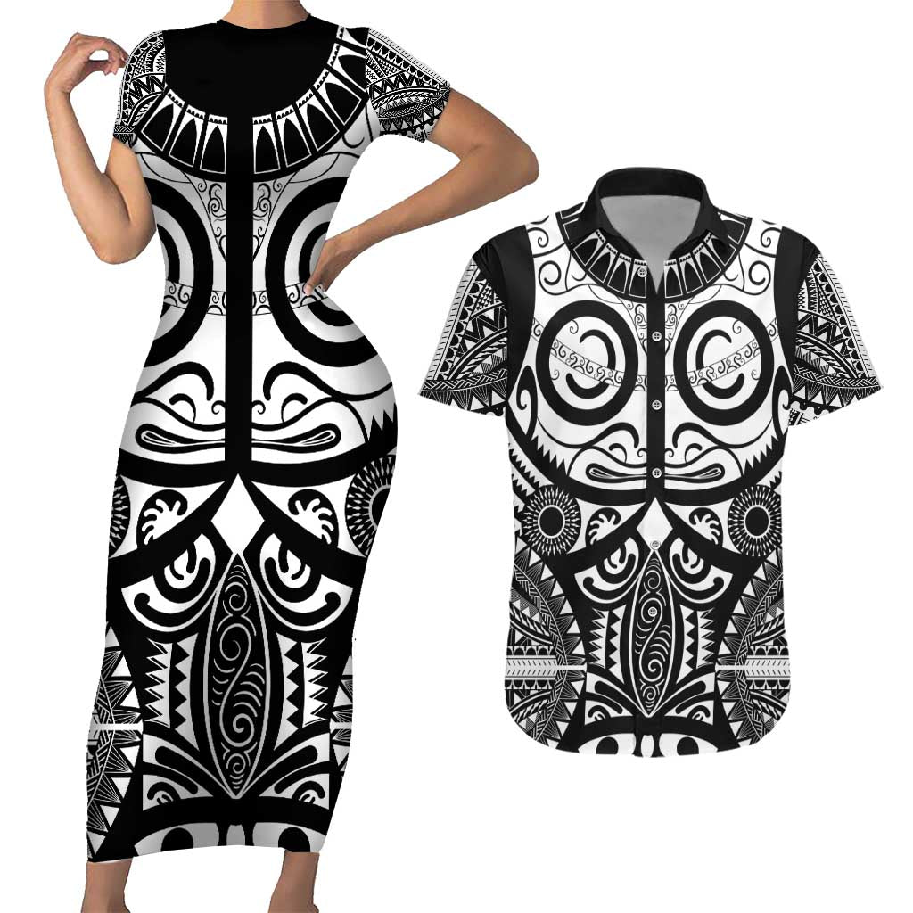 Marquesas Islands Couples Matching Short Sleeve Bodycon Dress and Hawaiian Shirt Marquesan Tattoo Black White Color - Polynesian Pride